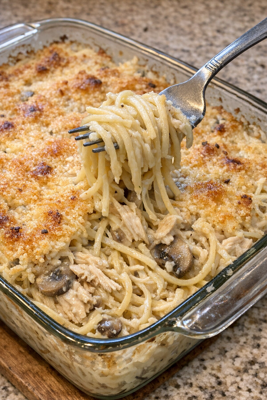 Creamy chicken tetrazzini casserole with golden crust