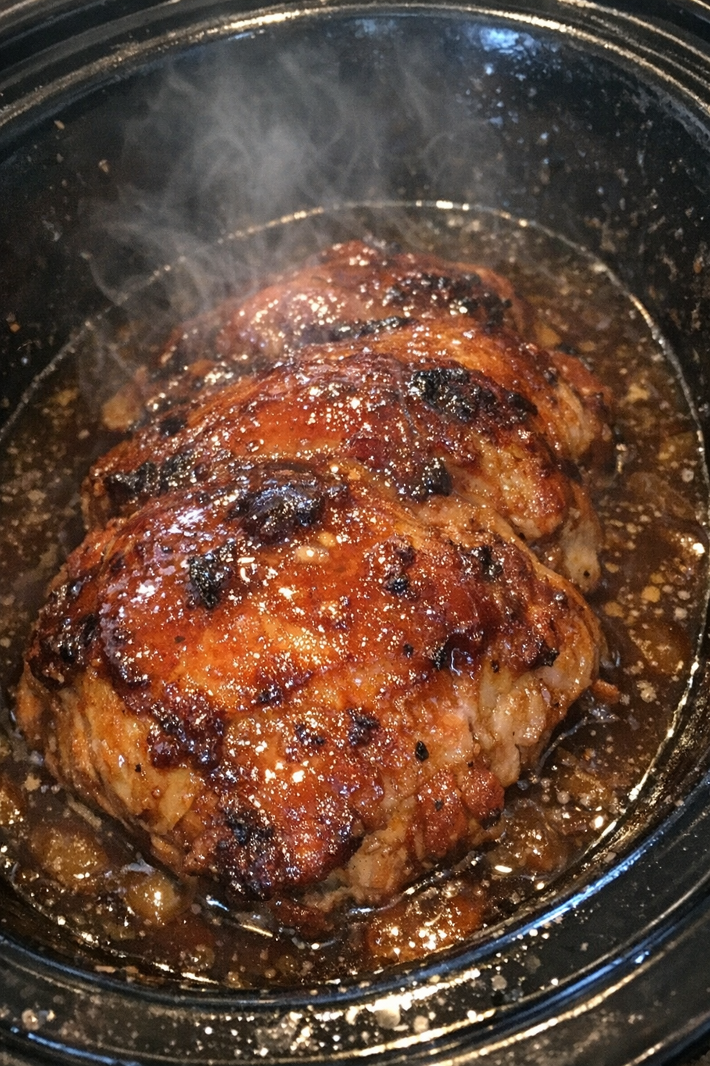 Succulent roasted protein in glossy amber glaze in a slow cooker