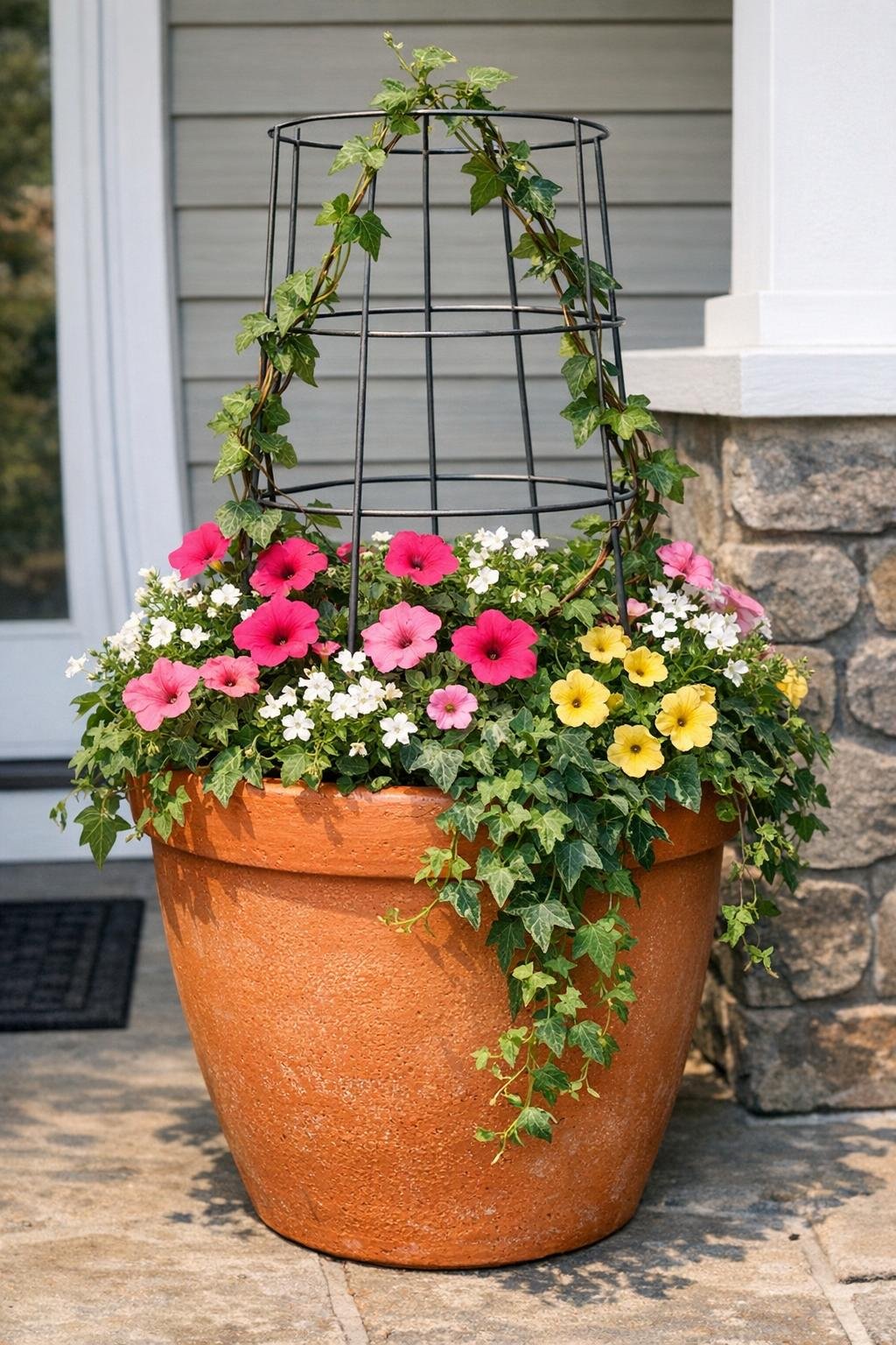 Finished DIY porch planter made from a tomato cage inserted into a terracotta pot