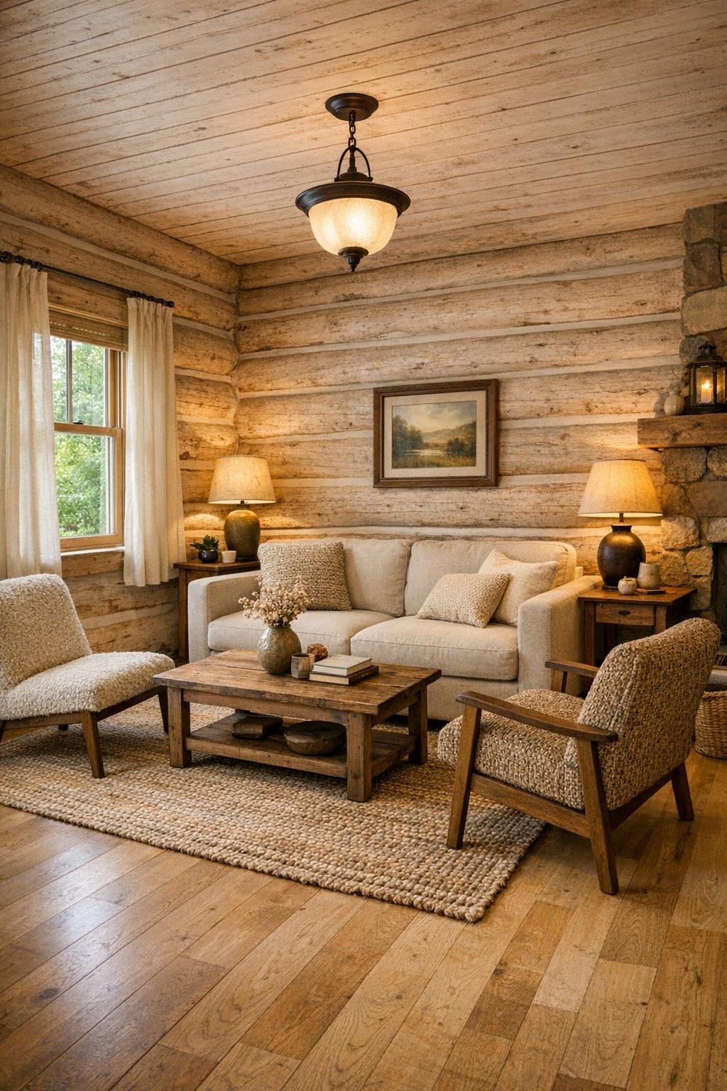 Cozy living room with beige log walls, light oak floors, and soft neutral furniture