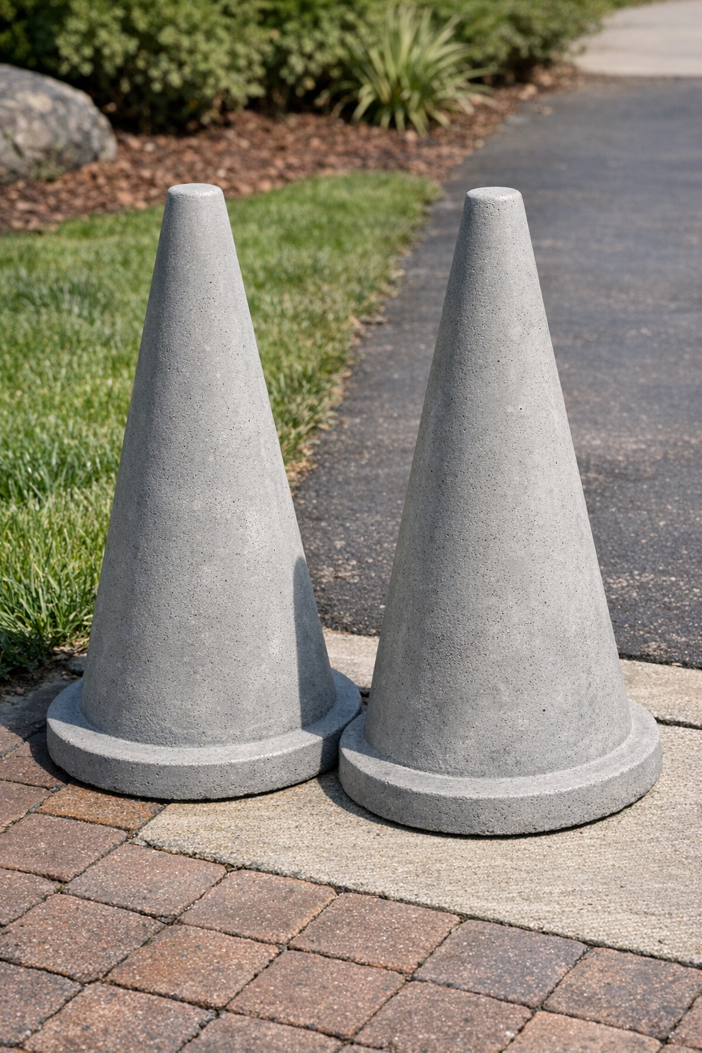 Finished heavy conical yard posts made from traffic cones and cement