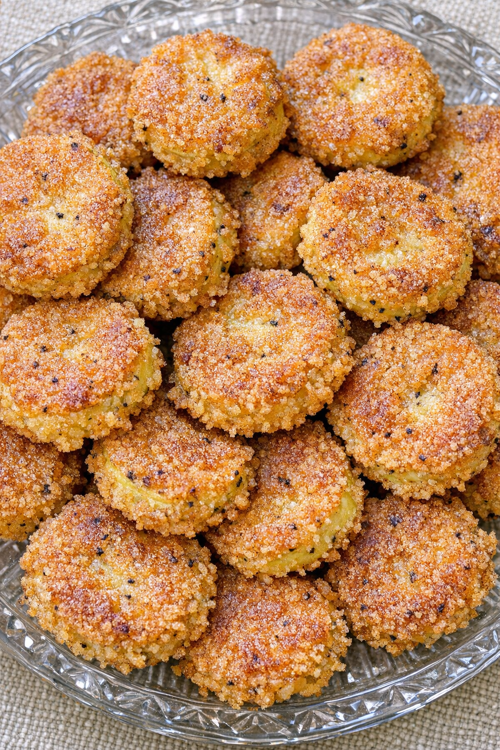 Southern fried squash bites on a glass serving platter