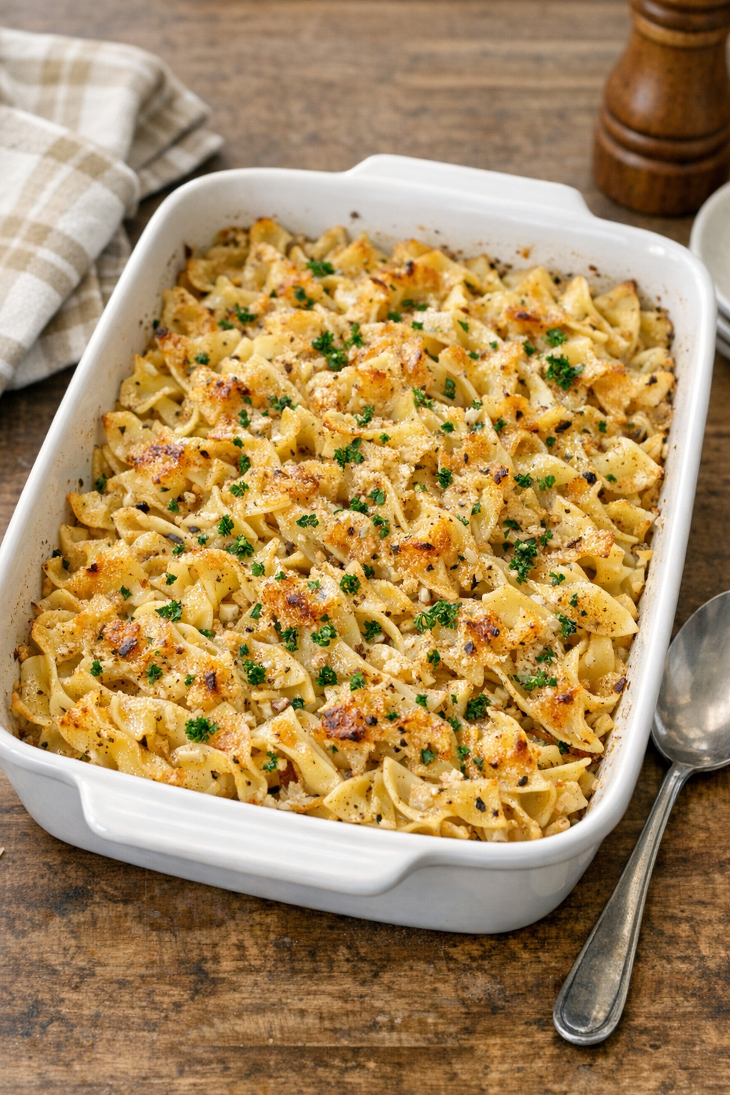 Finished baked onion soup mix egg noodles in a casserole dish