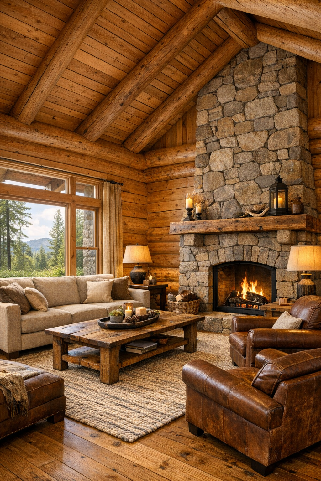 Warm log home living room with stone fireplace and pecan-toned wood