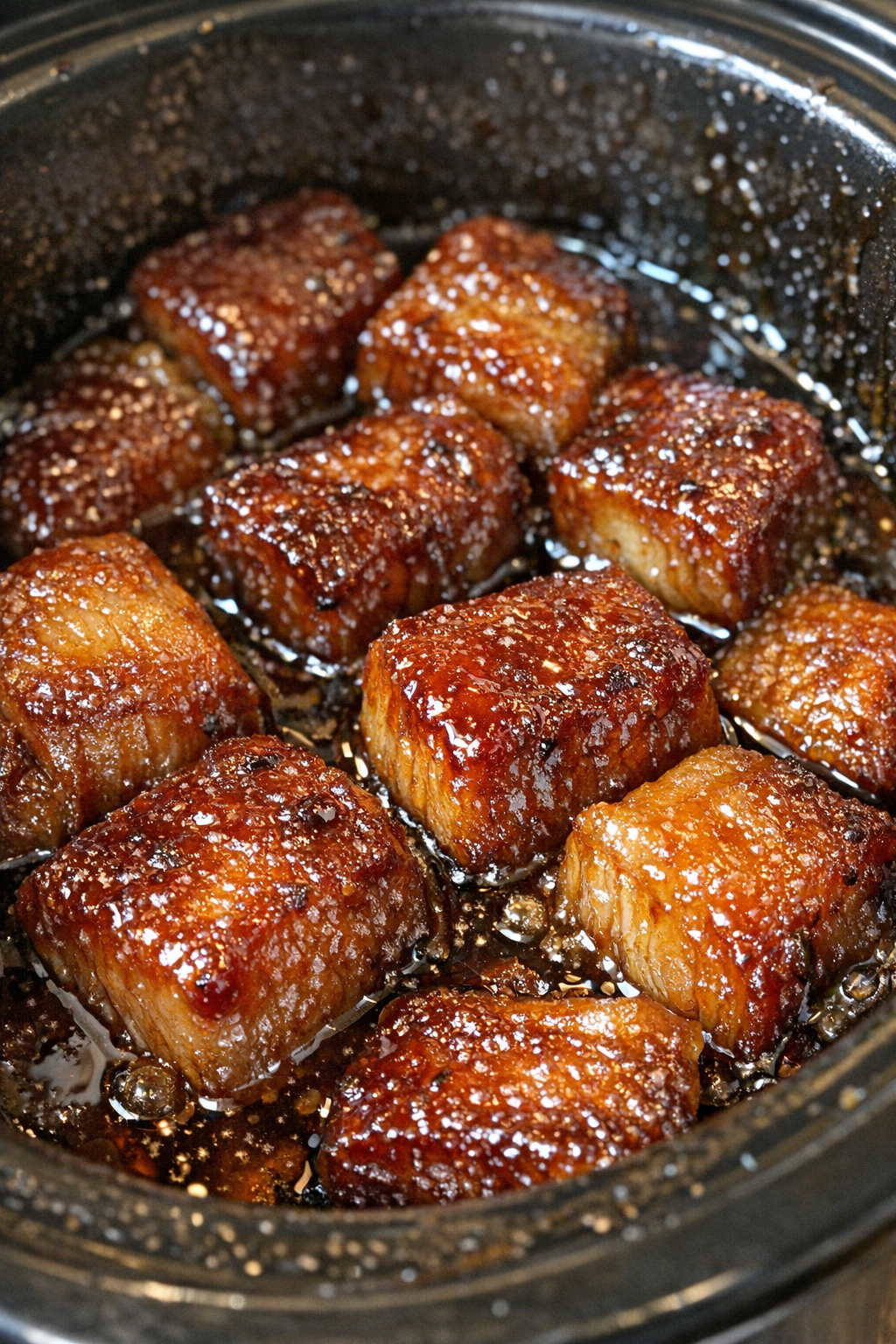 Slow cooker glazed protein blocks in dark amber sauce