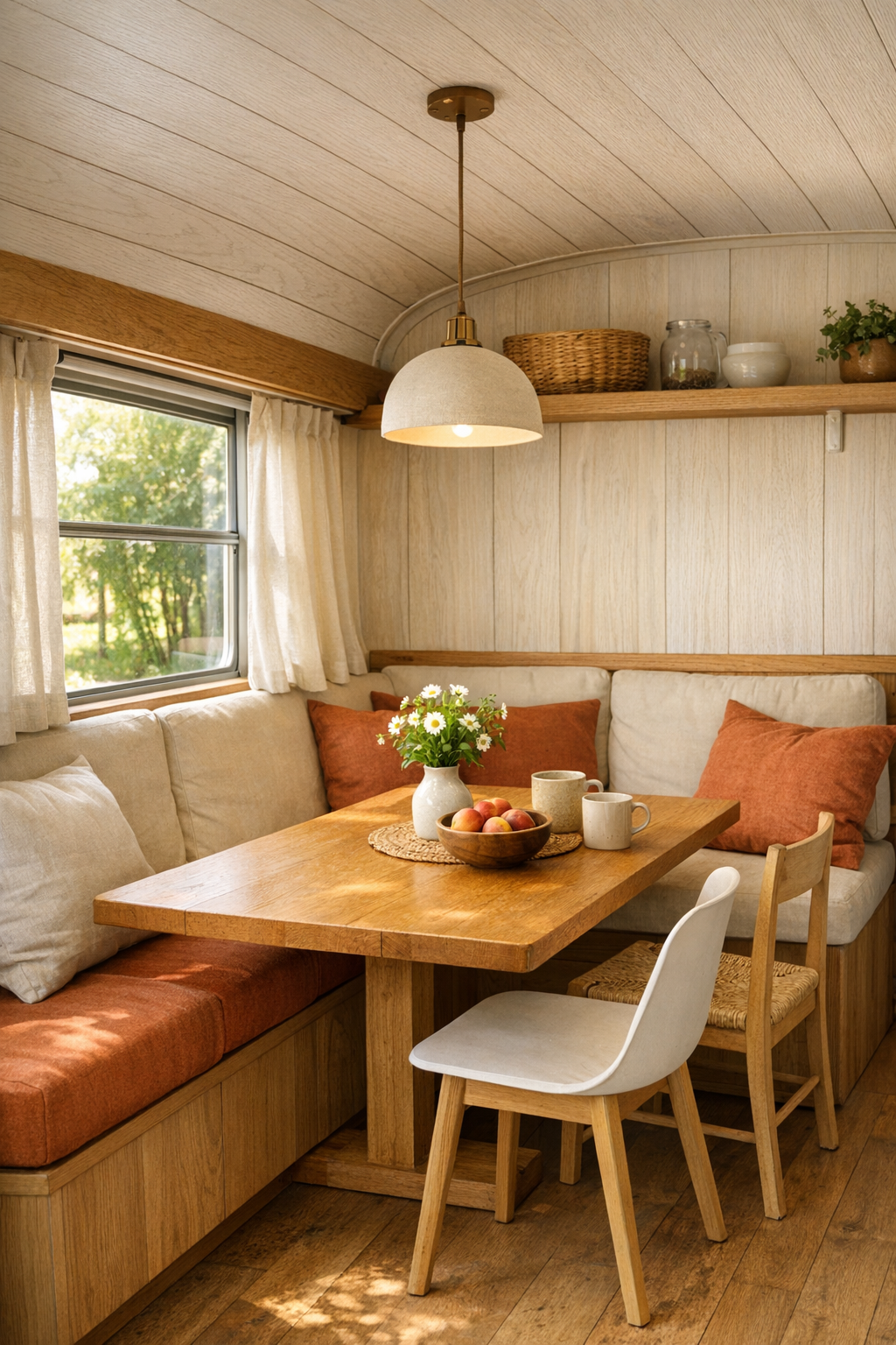 Compact dining nook in a converted bus with oak table, banquette seating, and warm natural light