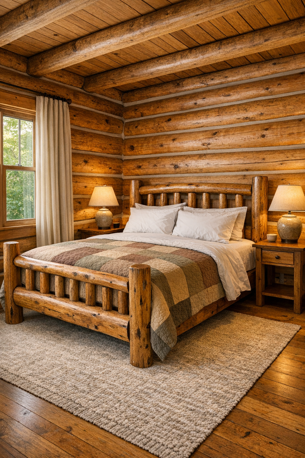 Peaceful log bedroom with handcrafted bed and layered neutral textiles