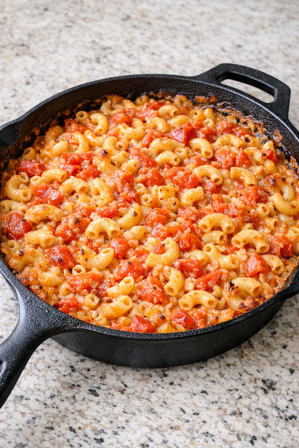 Baked Amish tomato macaroni in a cast iron pan