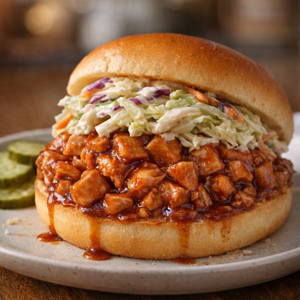 Barbecue chicken sandwich topped with coleslaw on a plate