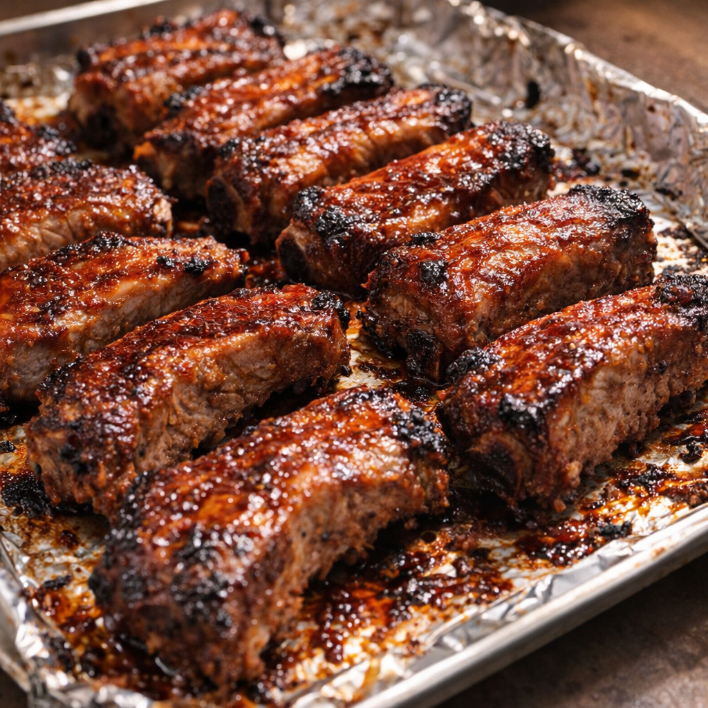 Broiled ribs with caramelized edges on a sheet pan