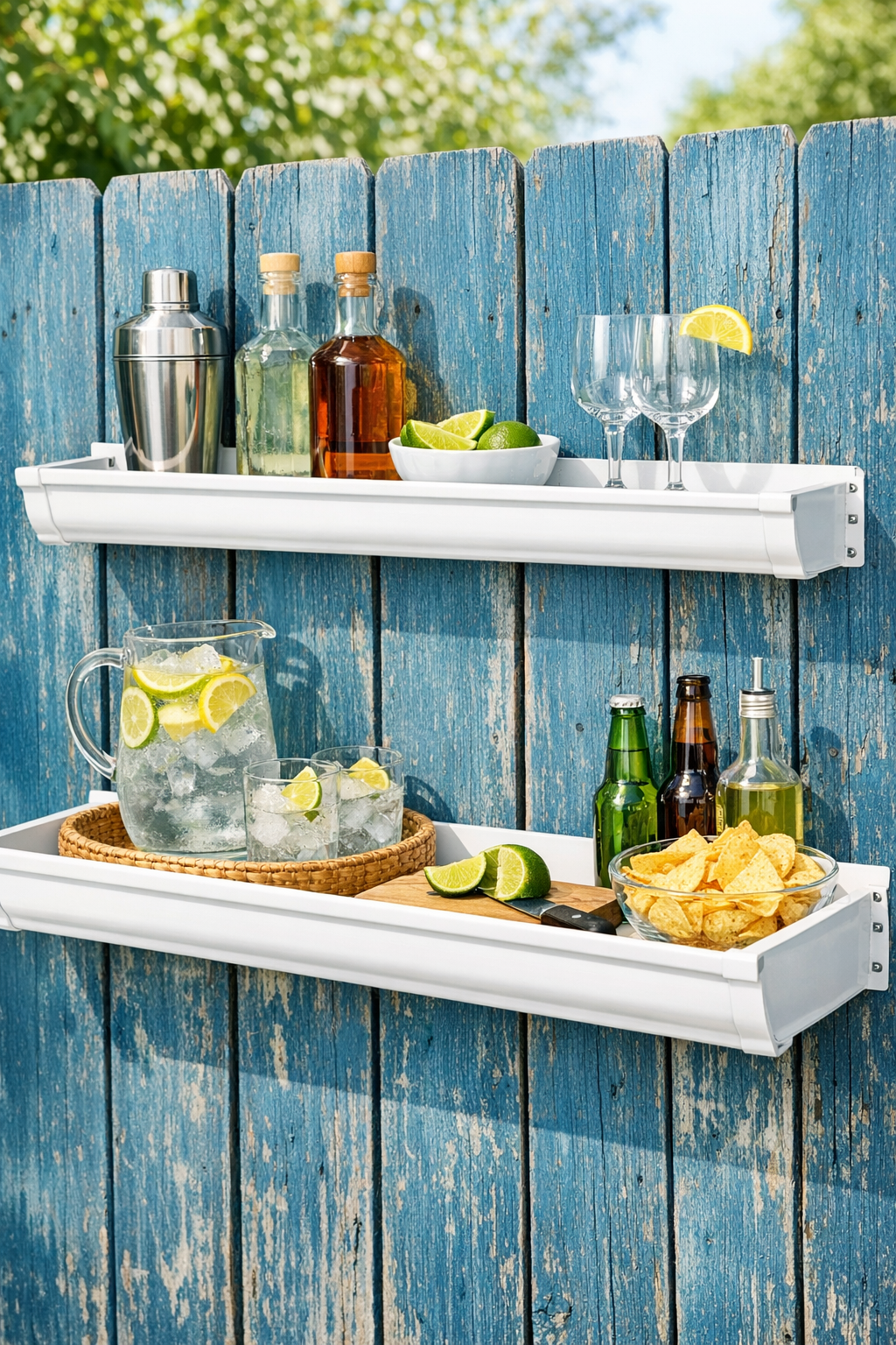 Finished outdoor bar shelf made from white rain gutters mounted on a distressed blue fence