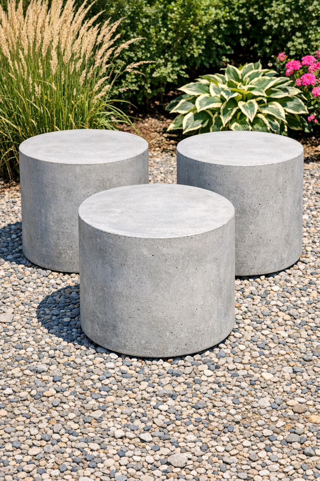 Finished cylindrical concrete yard blocks made from foam water blaster molds