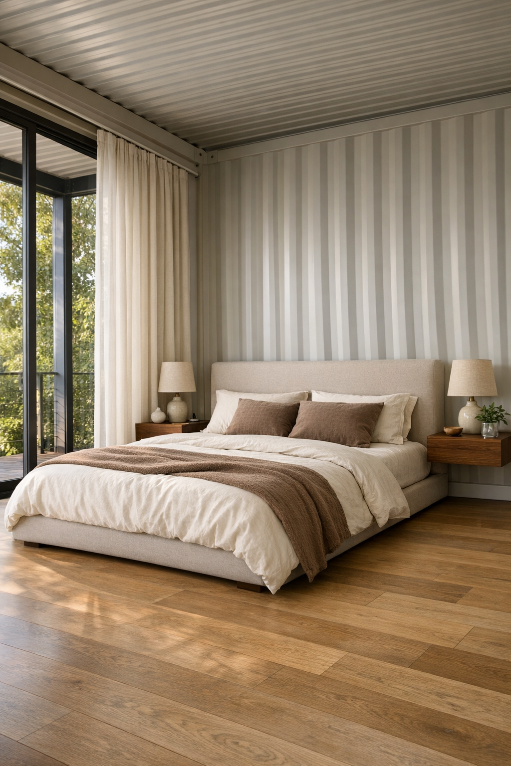 Calm bedroom with upholstered bed, walnut accents, and warm neutral layers