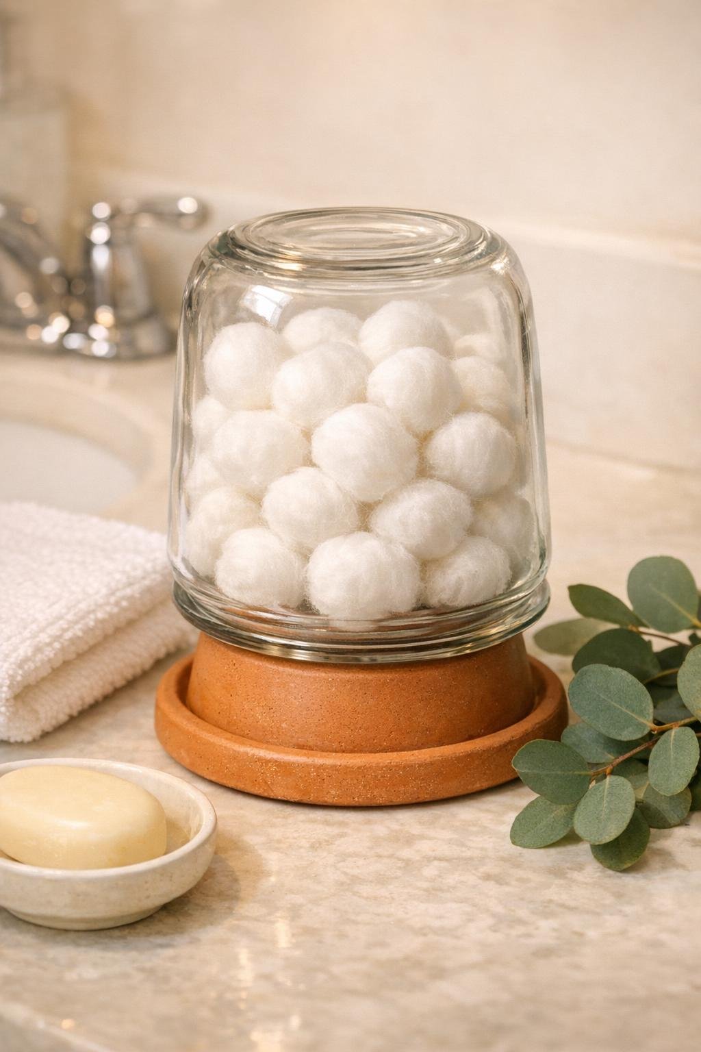 Finished bathroom cotton ball dispenser made from a glass cookie jar and terra cotta saucer on a styled vanity
