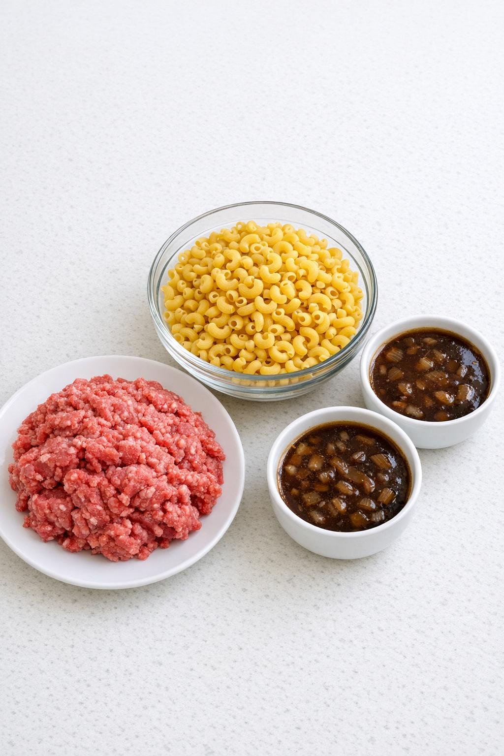 Ingrediënten voor soep met gehakt, macaroni en ui