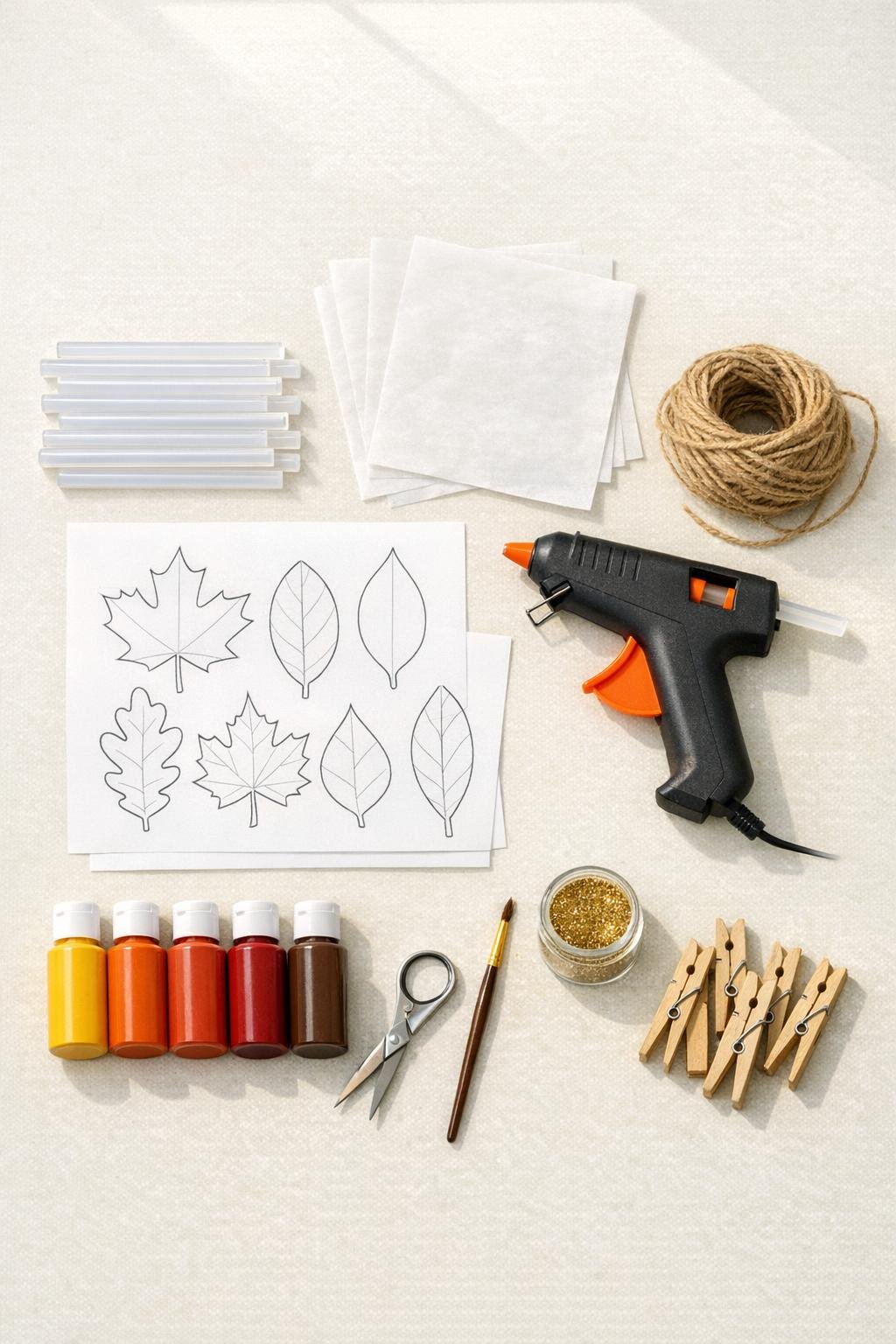 Glue gun garland materials laid out on a craft table