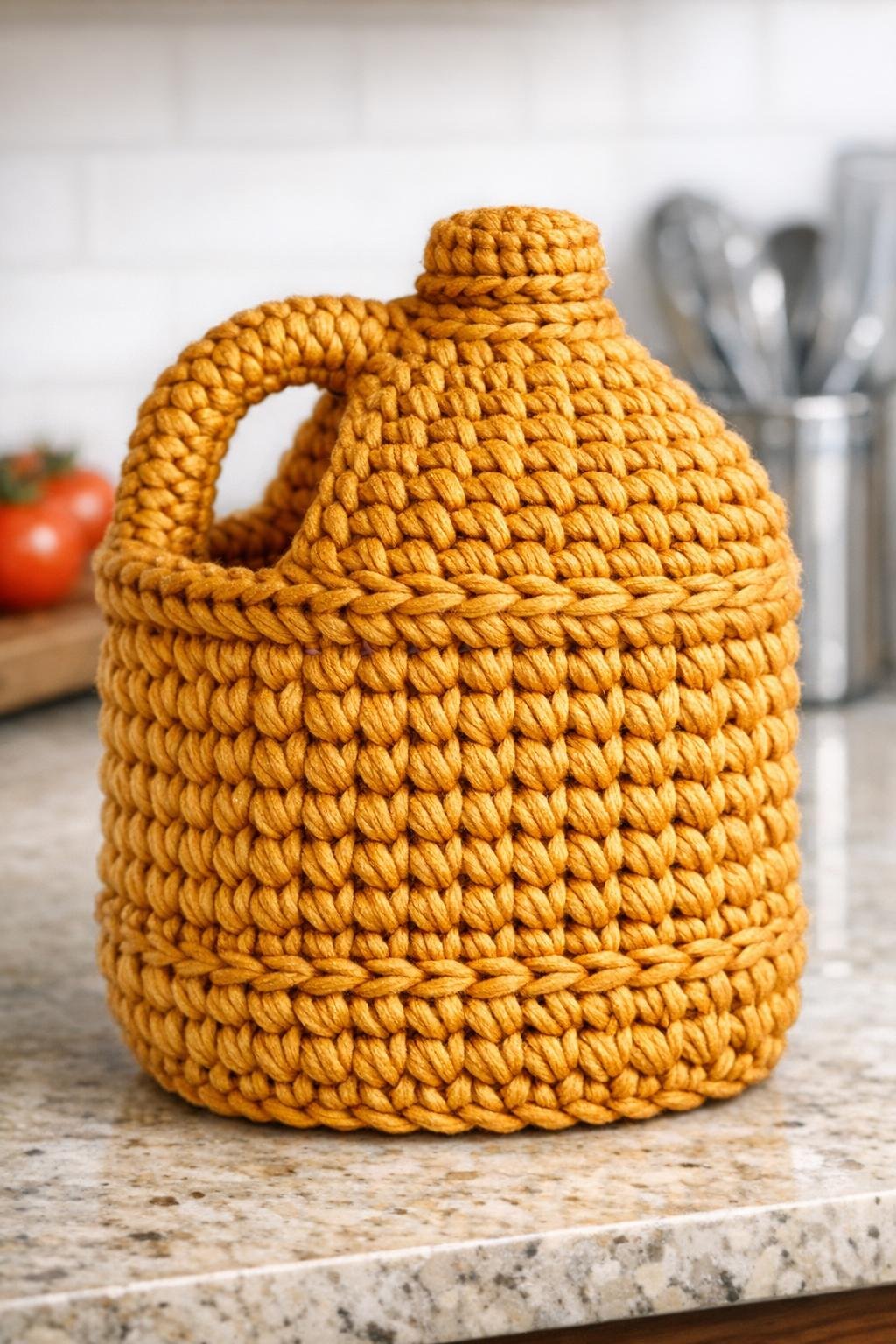 Finished decorative basket crocheted with amber yarn around a milk jug form