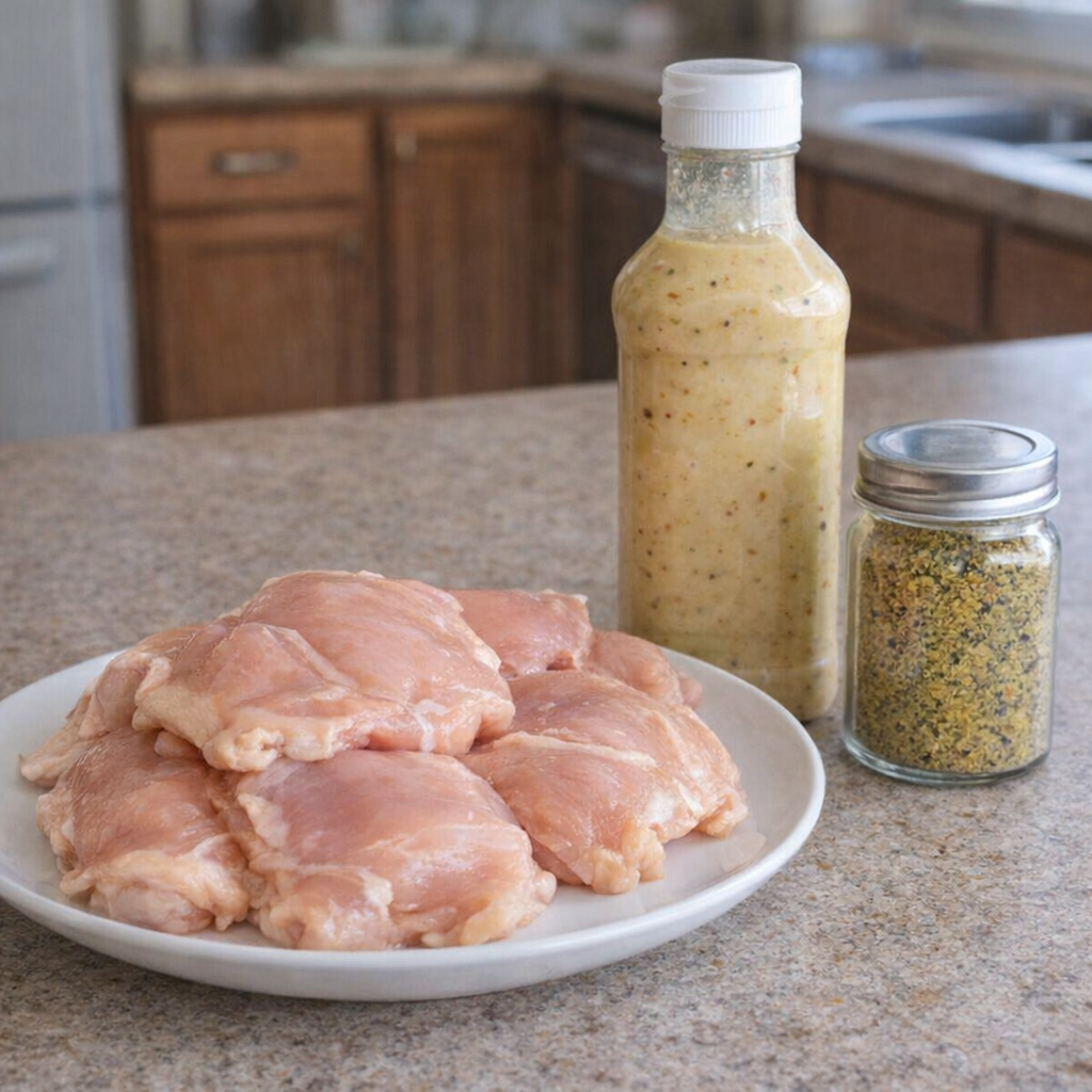 Three chicken francaise ingredients on a kitchen counter