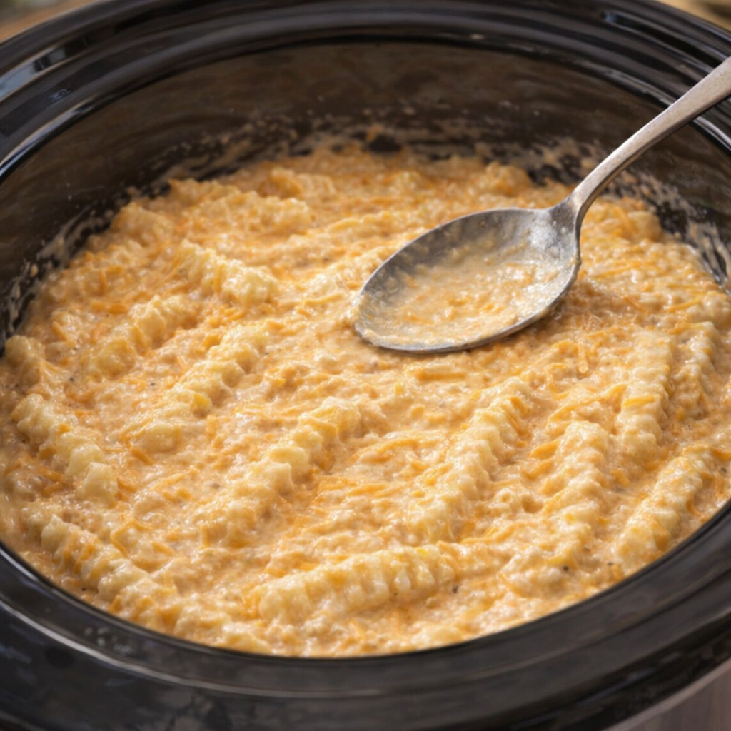 Creamy potato mixture spread in a slow cooker