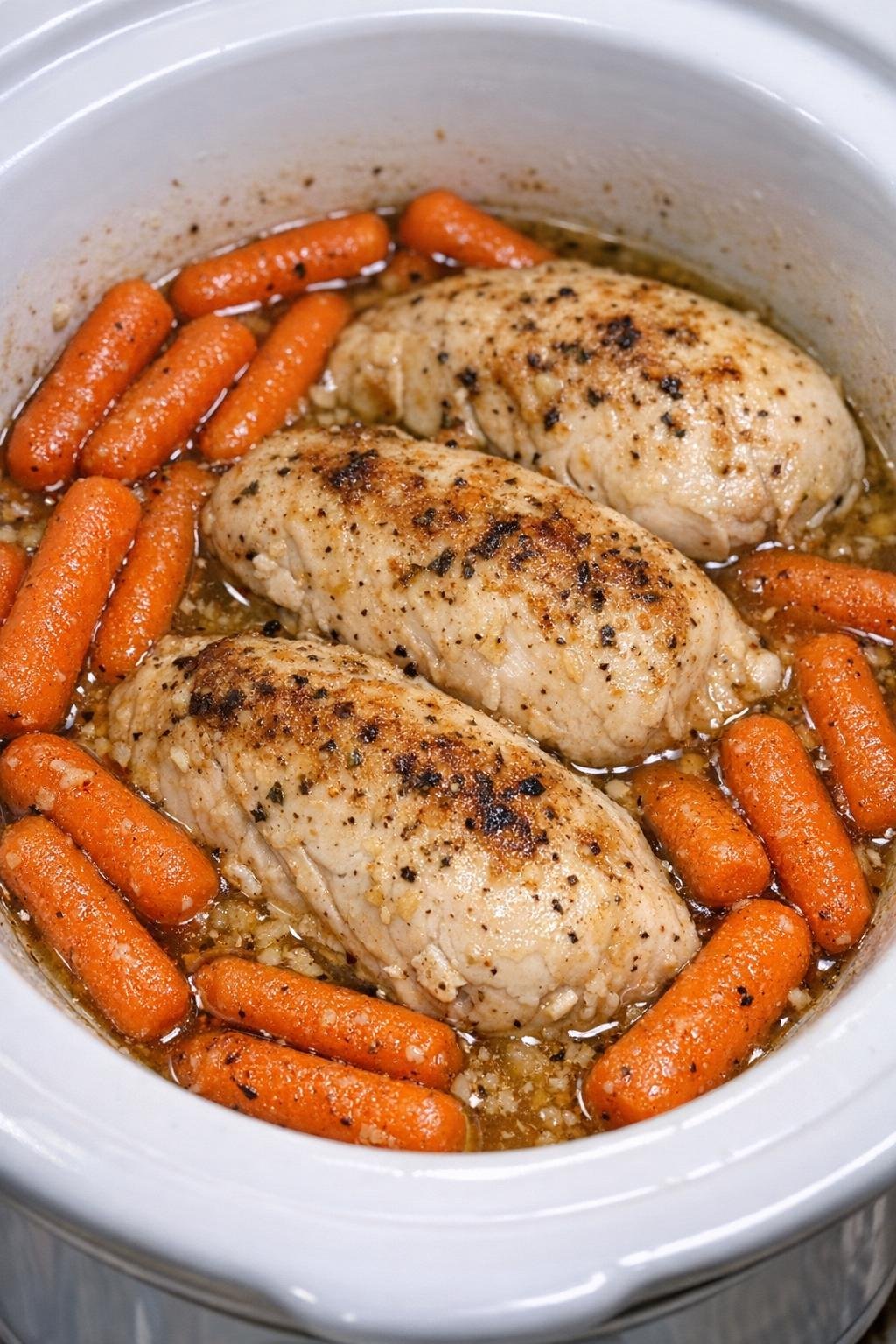 Slow cooker Amish chicken and carrots ready to serve