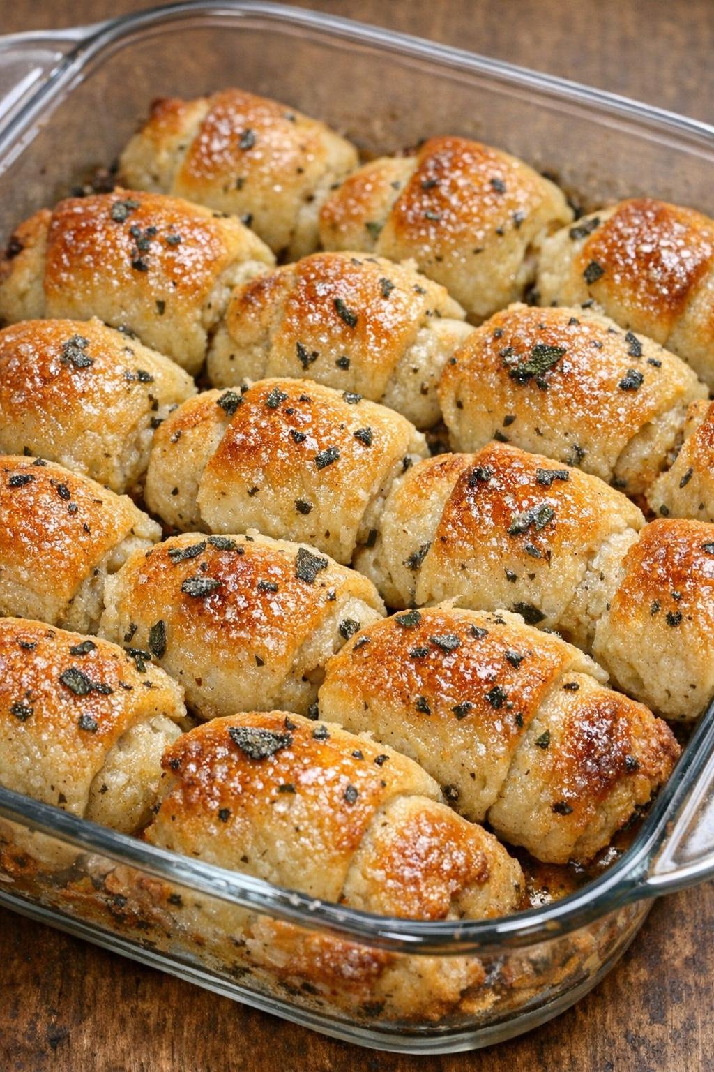 Southern 3-ingredient buttery sage bites in a glass casserole dish