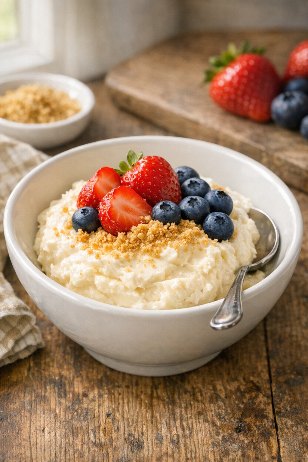 Plated slow cooker cheesecake dessert with berries