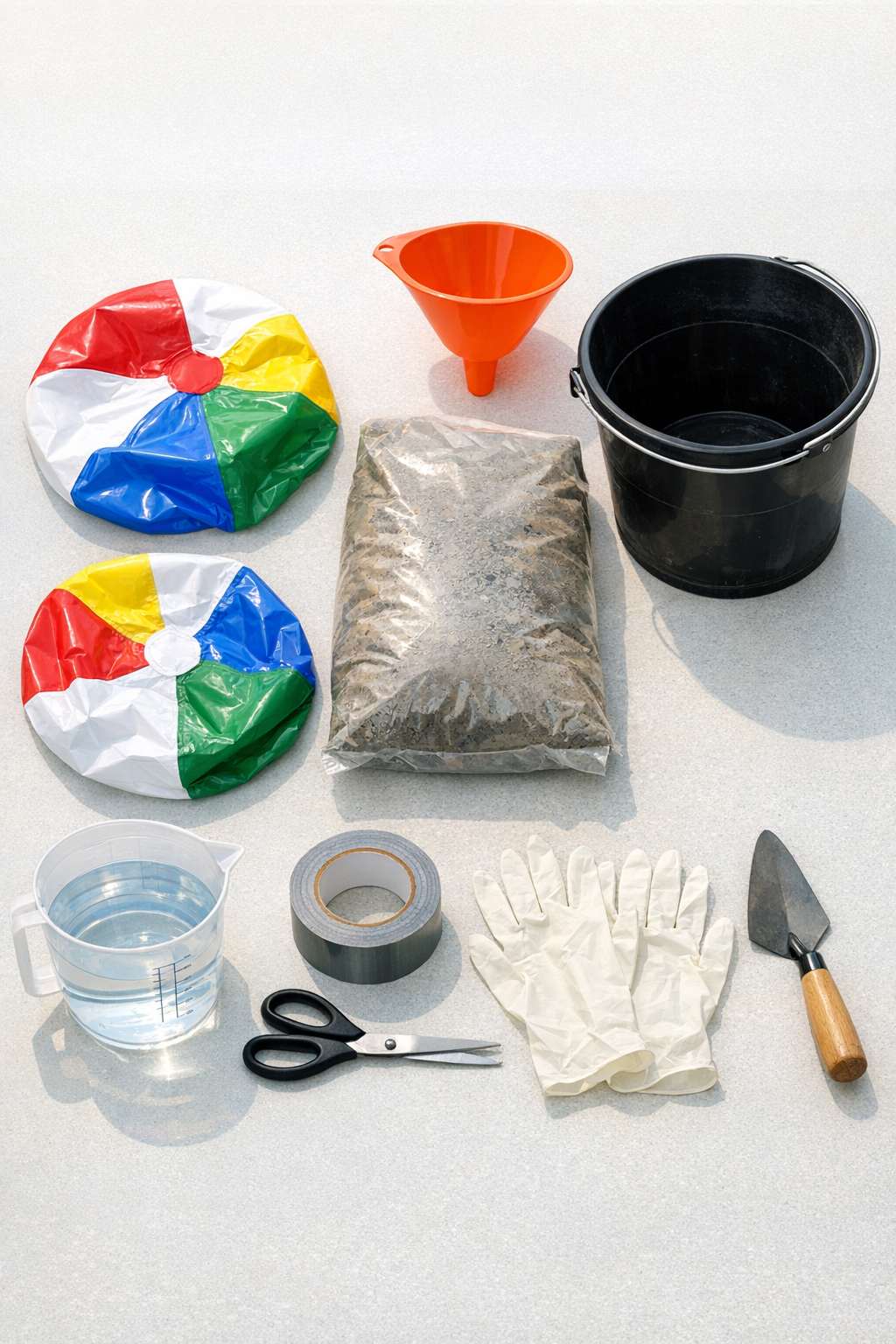 Materials for making concrete patio sphere weights laid out on a work surface
