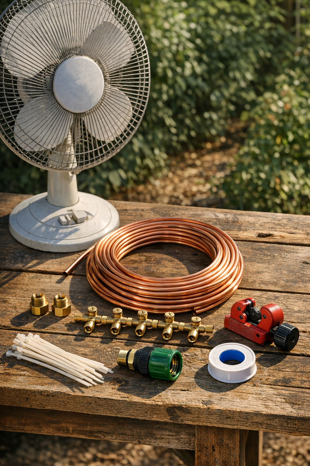 Materials for building an outdoor misting fan laid out on a workbench