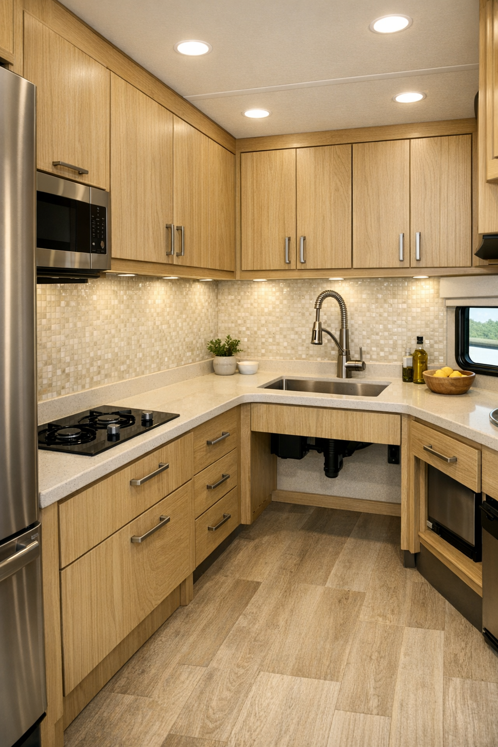 Accessible RV kitchen with pale oak cabinets, creamy counters, and bright task lighting