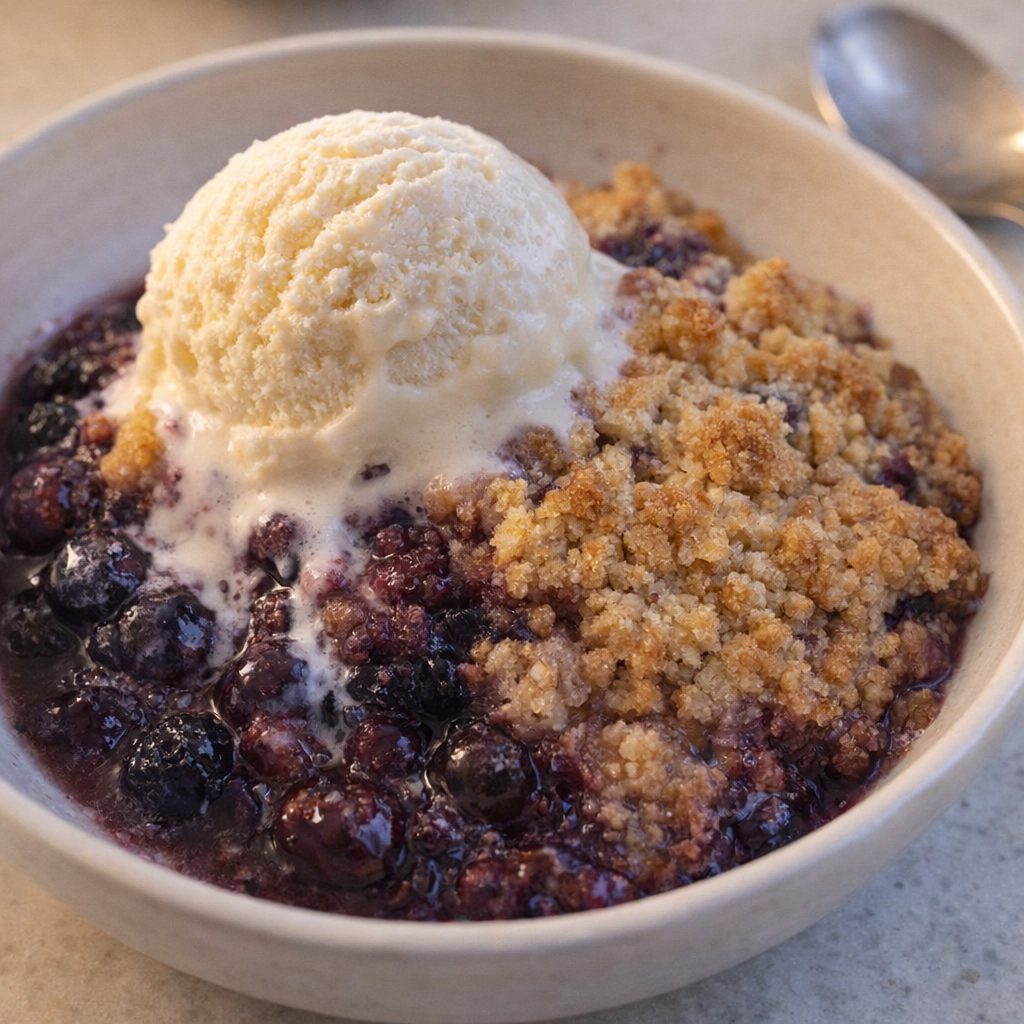 Served blueberry dessert with melting vanilla ice cream