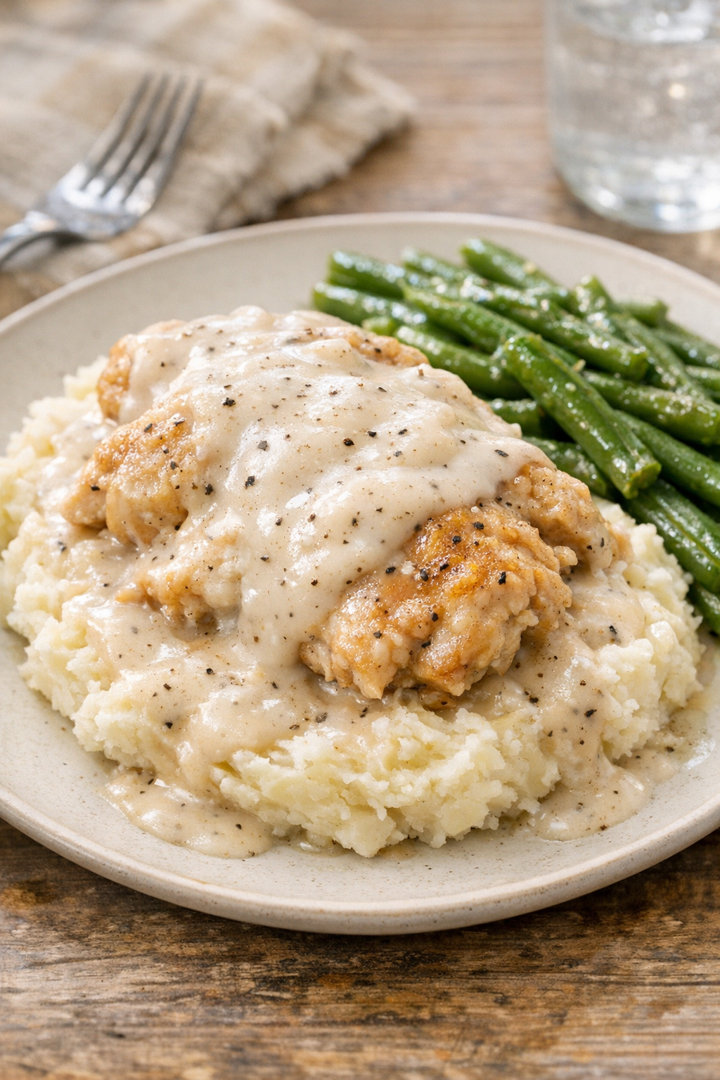 Plated country gravy chicken with mashed potatoes