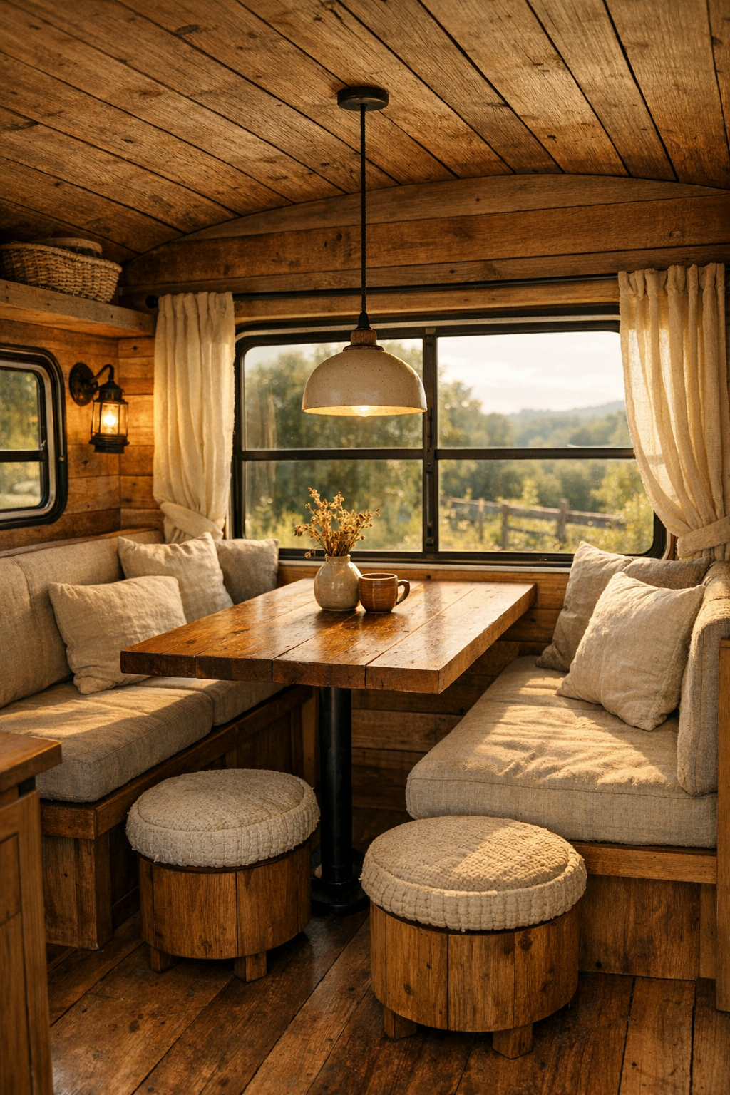Compact dining nook inside a converted bus with wood table and bench seating