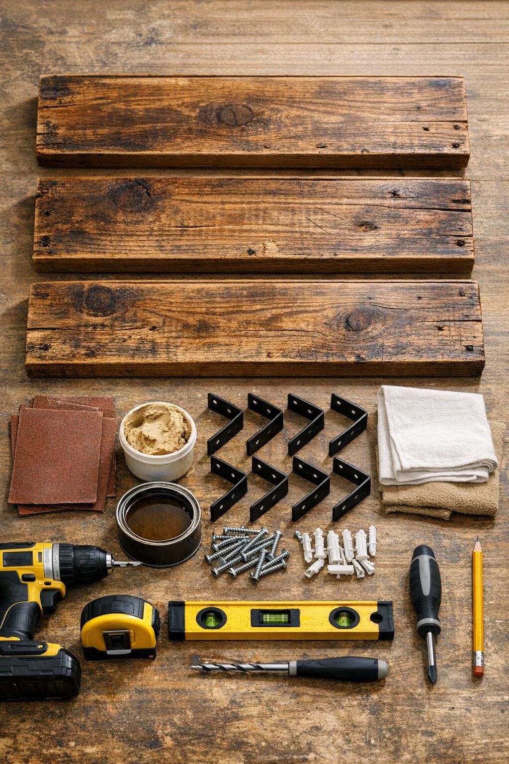 Materials for a rustic wall shelf made from old drawer fronts