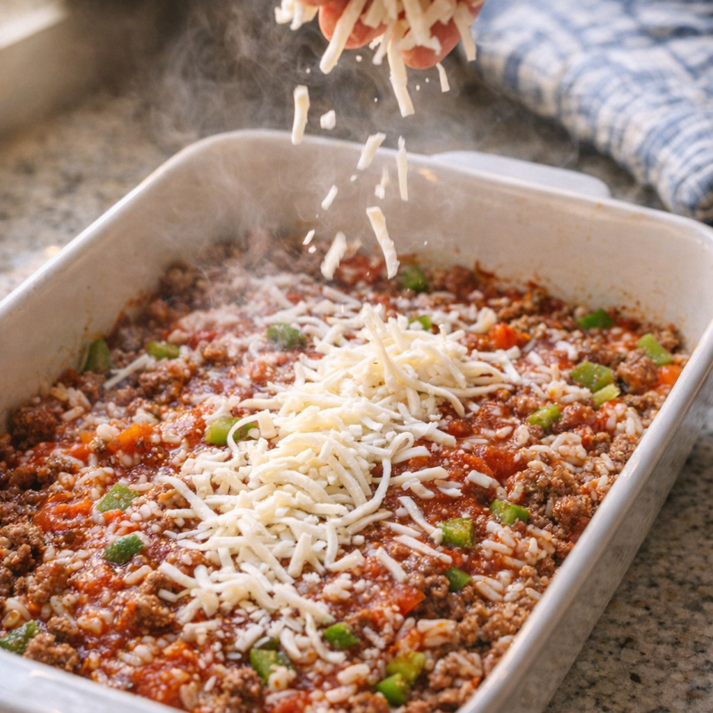 Shredded mozzarella scattered over the hot casserole