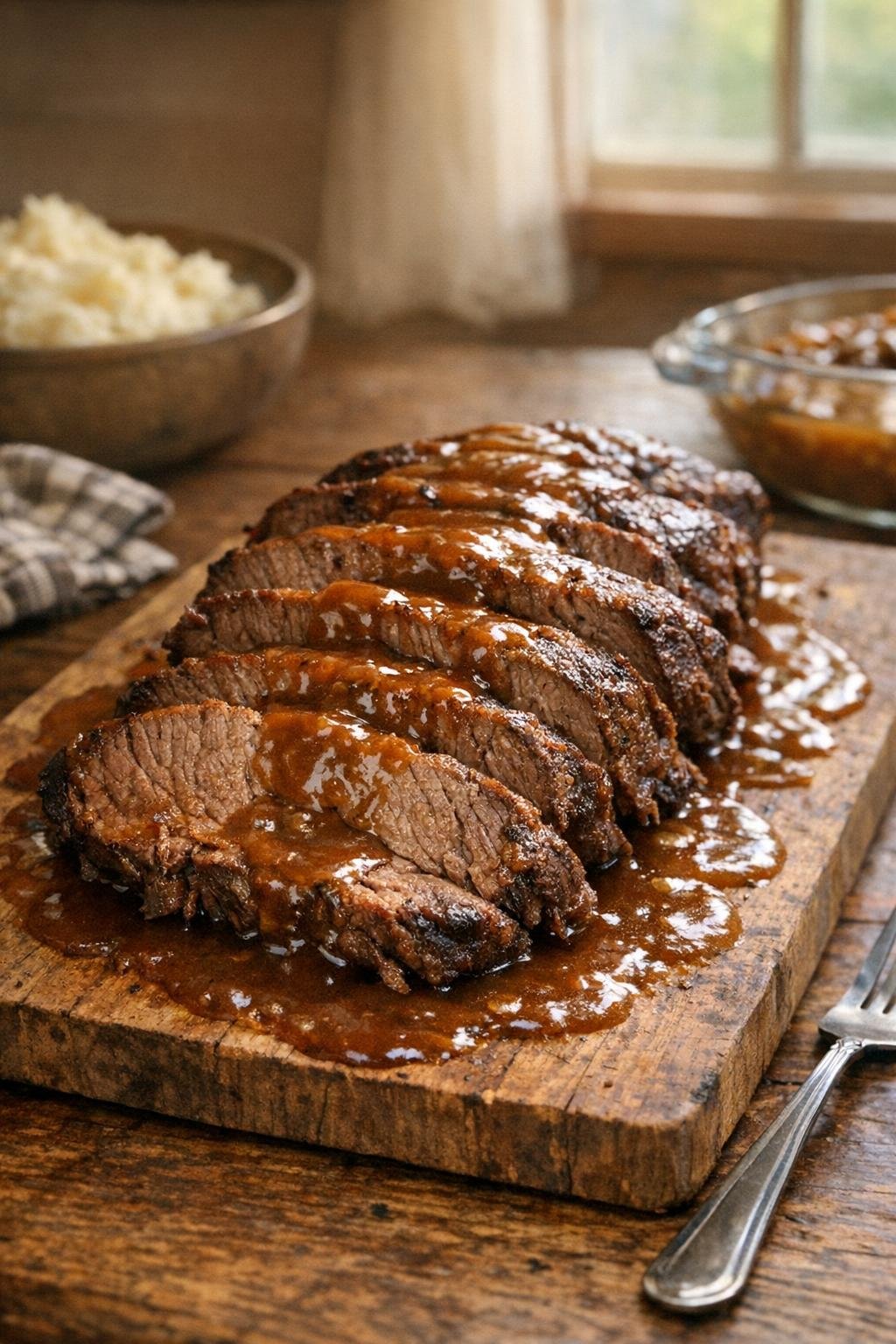 Finished slow cooker mock tender roast sliced and served with gravy