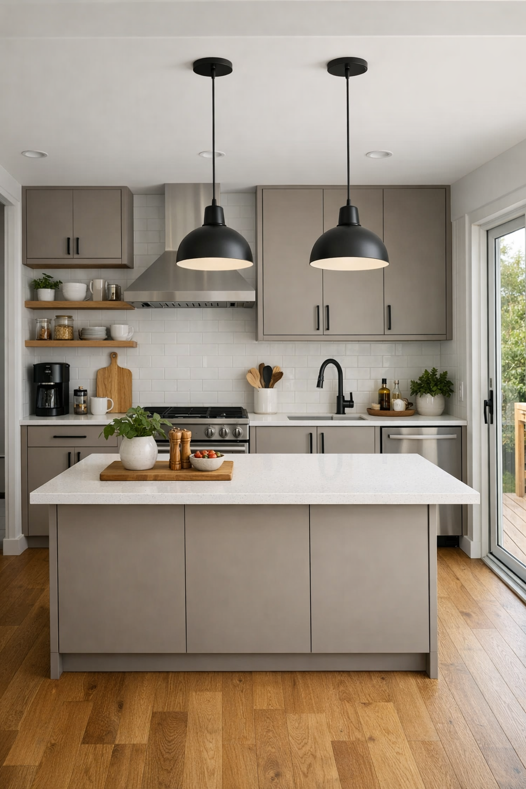 Modern compact kitchen with quartz counters, soft taupe cabinets, and oak flooring