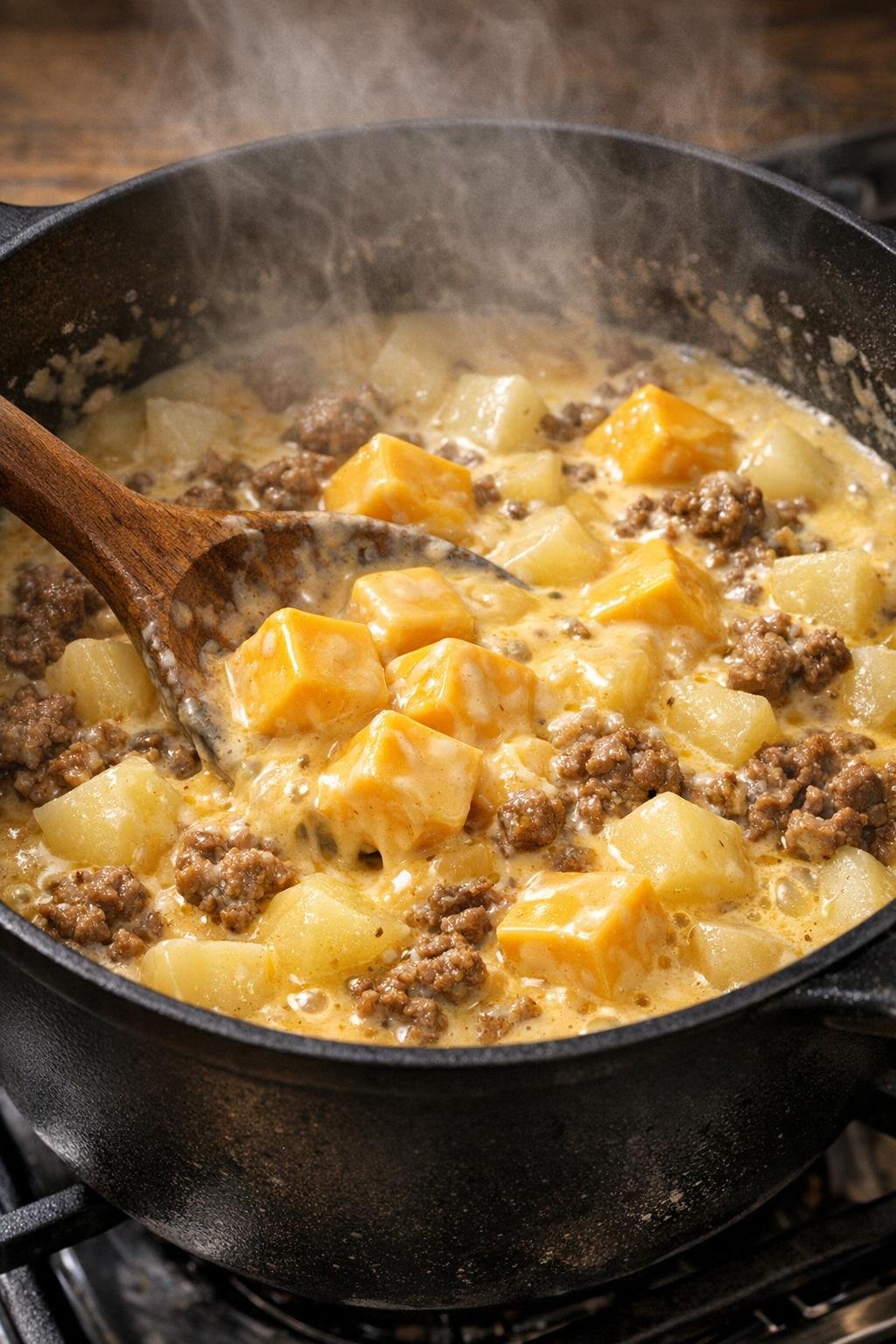 Velveeta melting into cheeseburger soup in a black pot