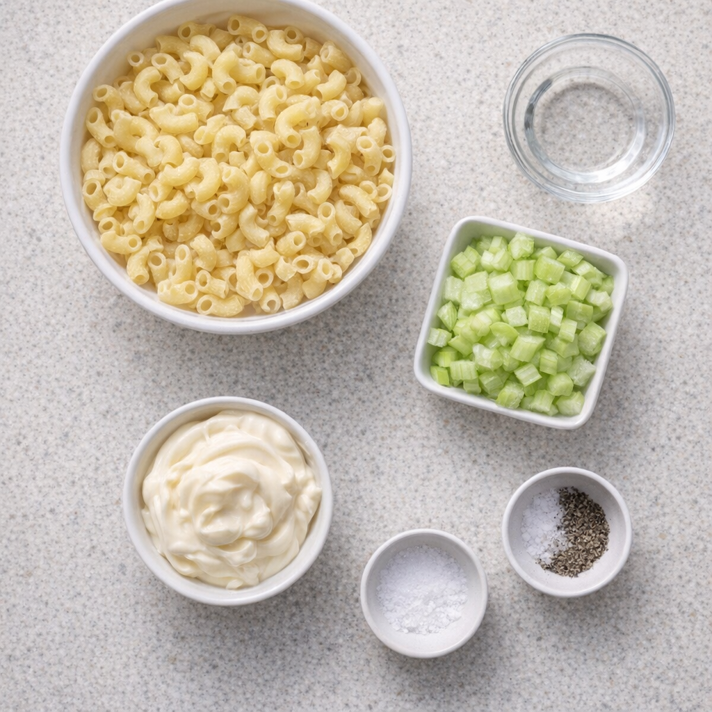 Measured macaroni, celery, and mayonnaise ingredients