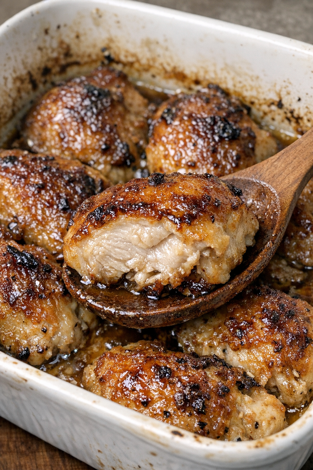Golden brown chicken in a white casserole dish