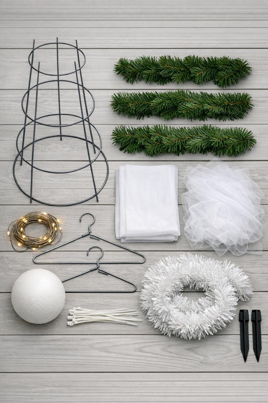 Materials for making a glowing porch angel laid out together