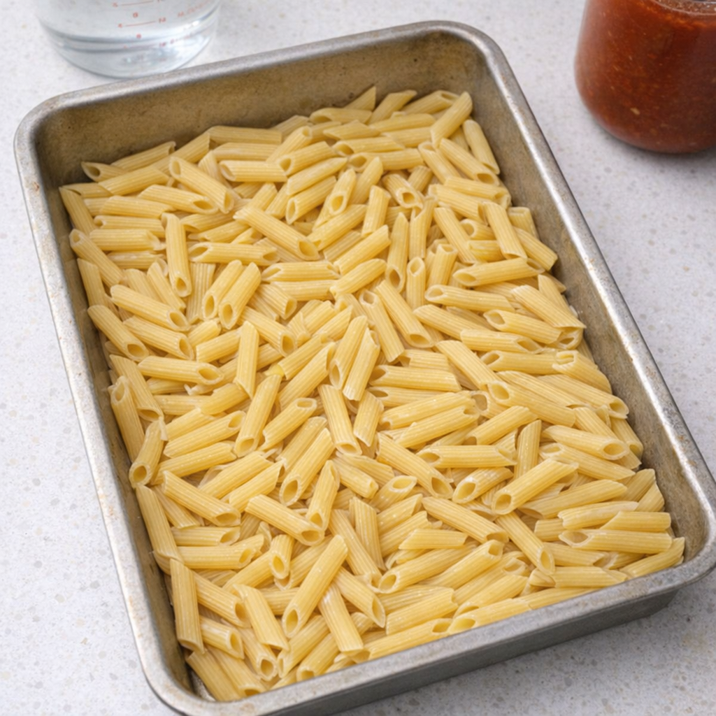 Overhead shot of dry penne spread in a greased baking pan