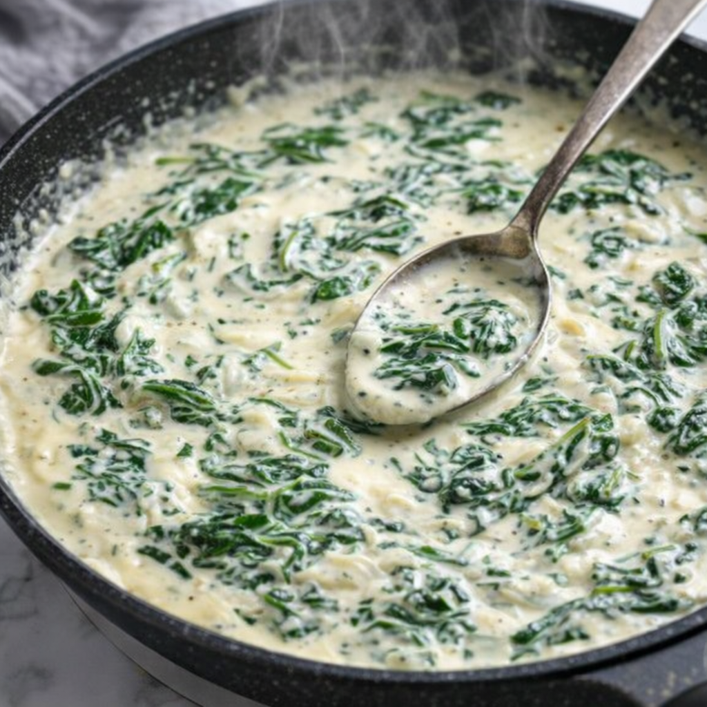 Spinach Alfredo sauce with wilted greens in a pan