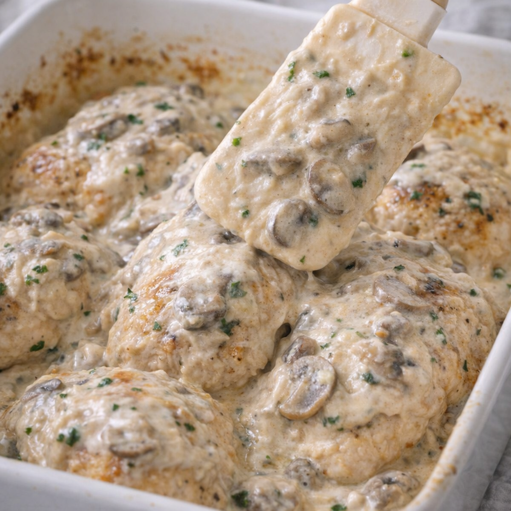 Creamy mushroom sauce being spread over chicken