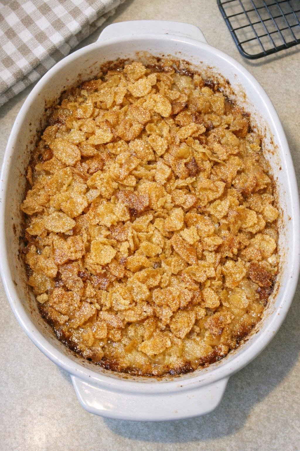 Finished baked corn flakes dessert in casserole dish