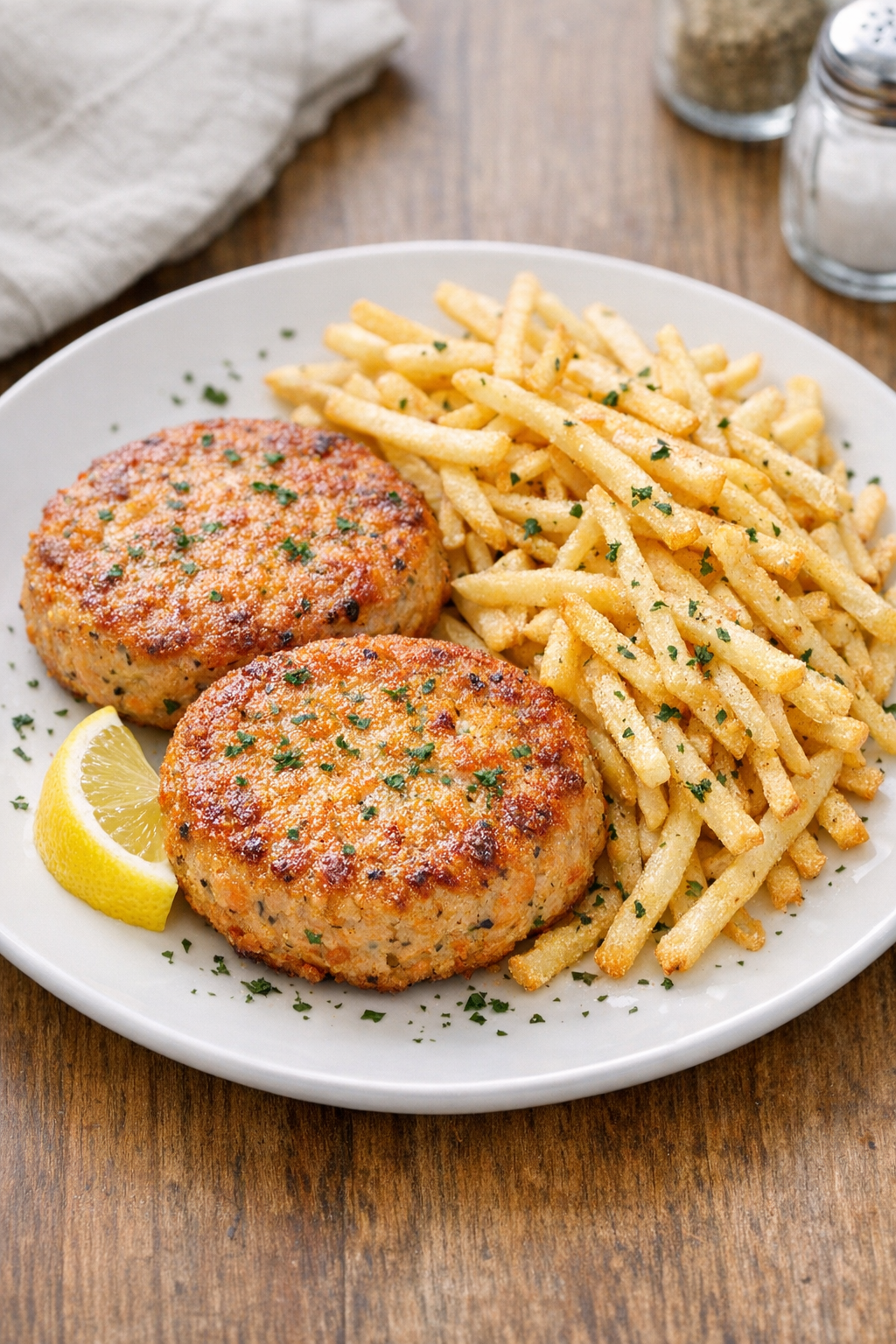 Finished baked salmon burgers and fries on a plate