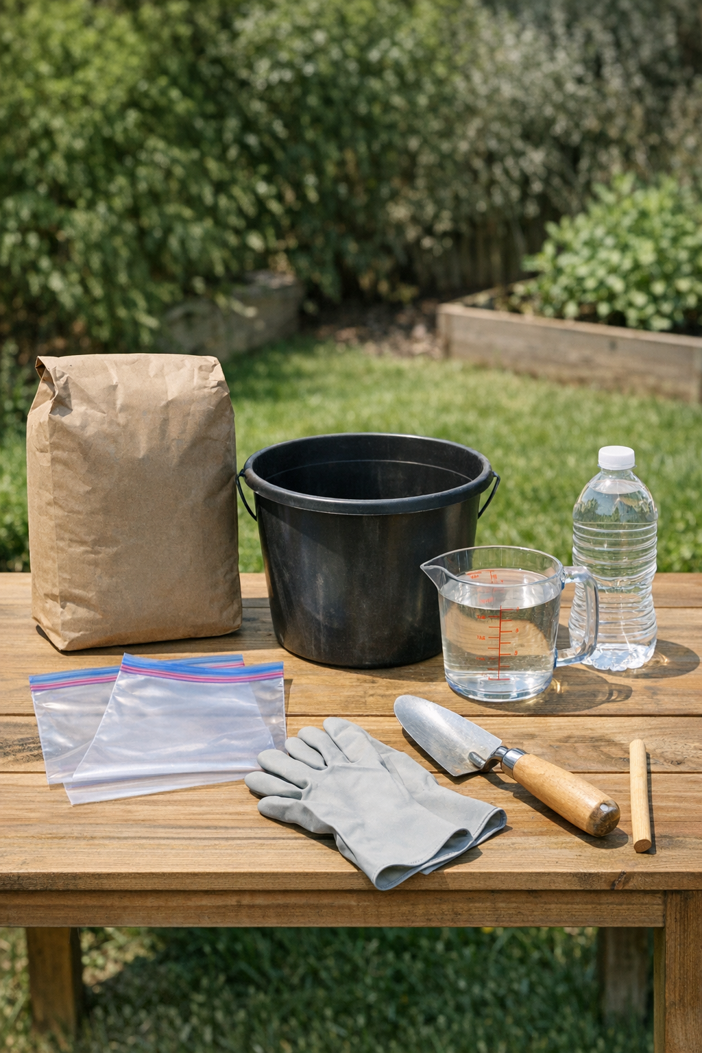 Materials laid out for making two cement yard boulders