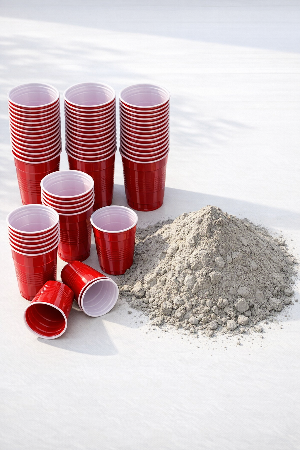 Red ribbed plastic party cups and cement laid out as project materials