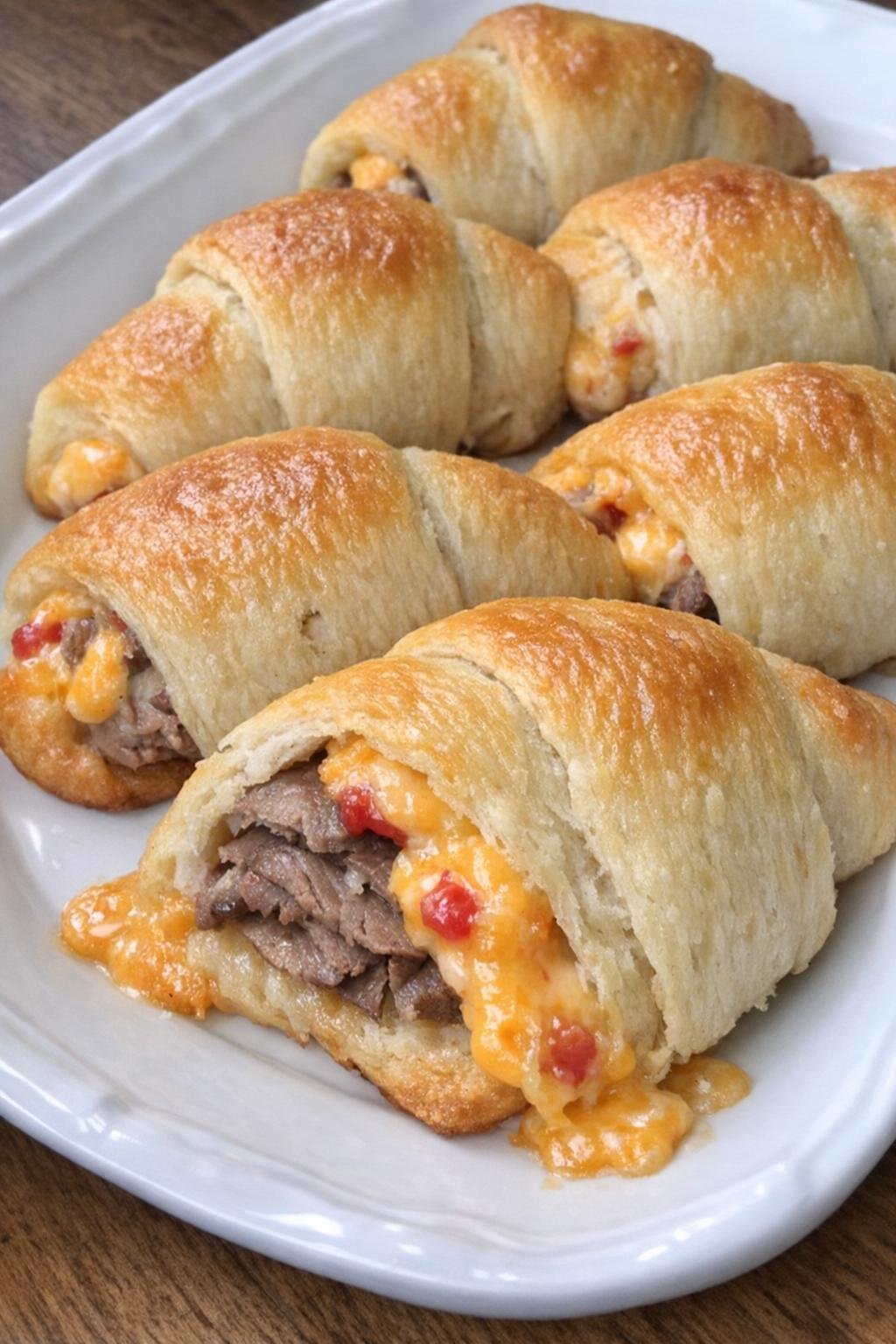 Golden brown crescent dough bundles filled with roast beef and pimento cheese on a white platter