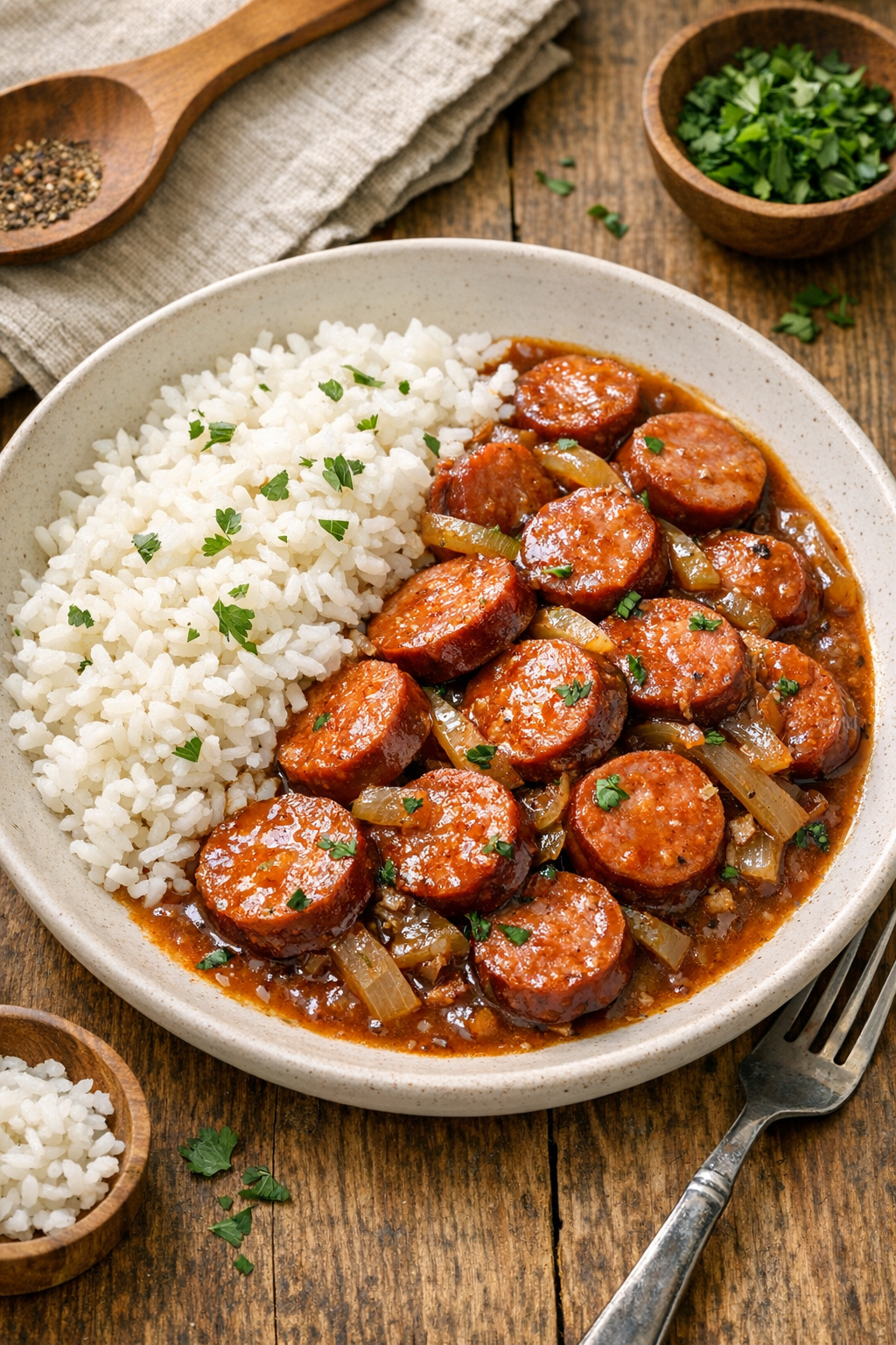 Finished smoked pork sausage in rich sauce, plated for serving