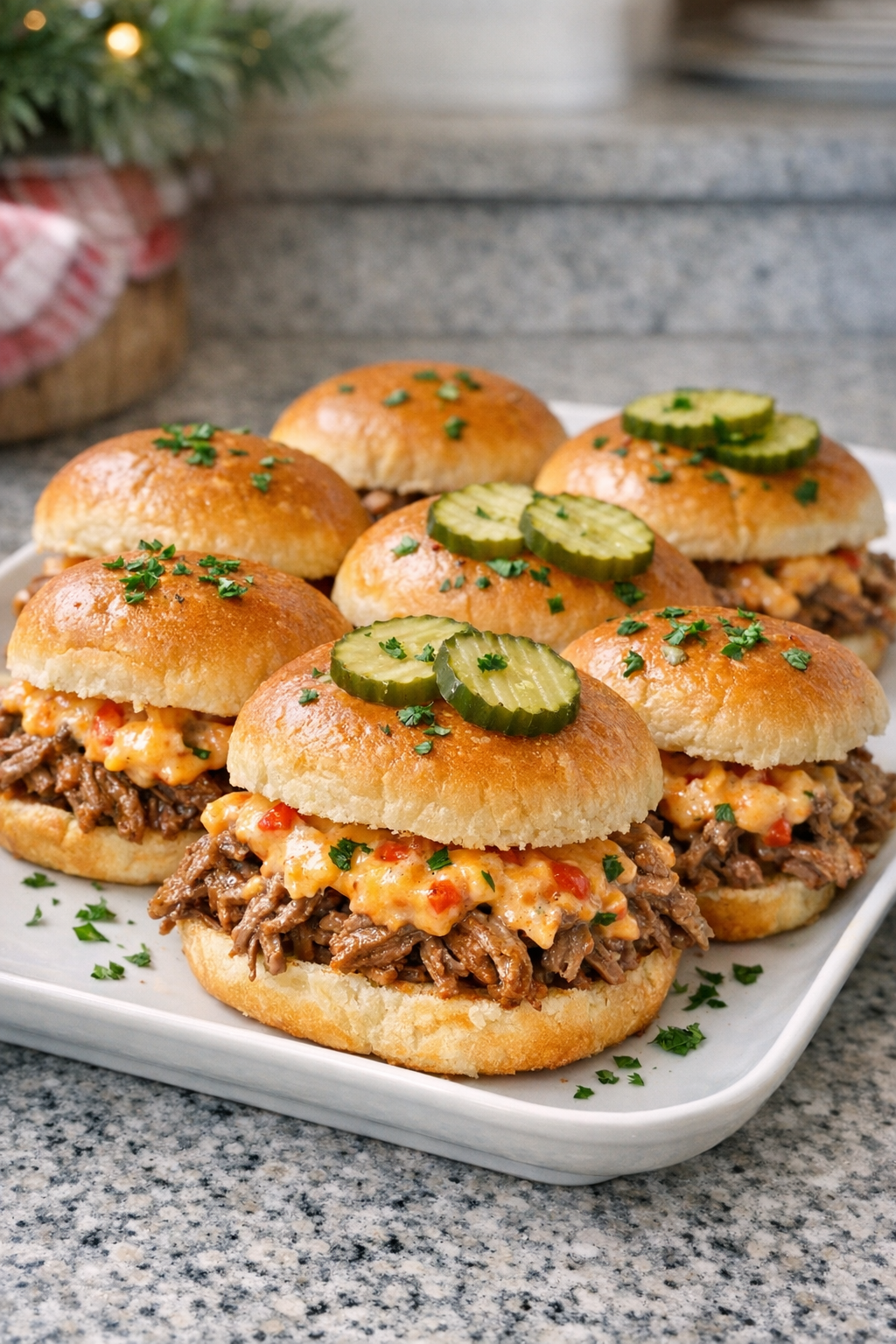 Finished pimento beef sliders on a serving platter